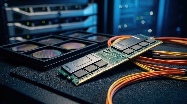 Macro shot of a DRAM memory module on an anti-static mat beside stacked server blades, fiber-optic cables, and a silicon wafer tray, illustrating tightening memory supply as data-center demand surges