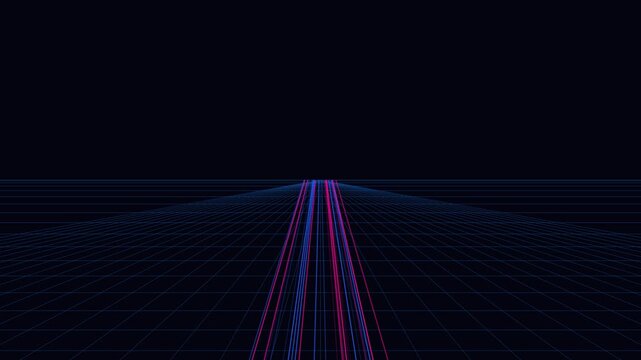 Retro synthwave digital grid animation 4k background, with neon light, trails, futuristic cyberpunk, perspective motion loop