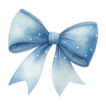 Watercolor illustration of a cute light blue bow with white polka dots isolated on a white background.
