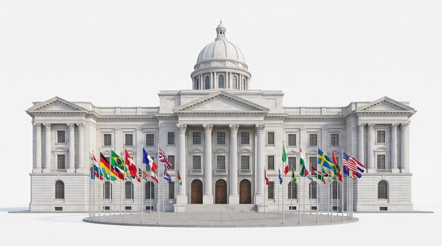 Classical white government building with grand dome and columns featuring international flags in front isolated on white background