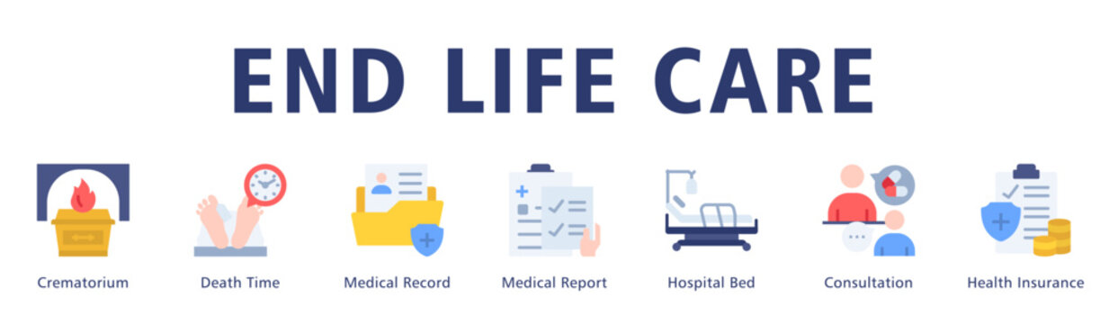 End Life Care web banner icon vector illustration depicting structured documentation and respectful end of life healthcare services.