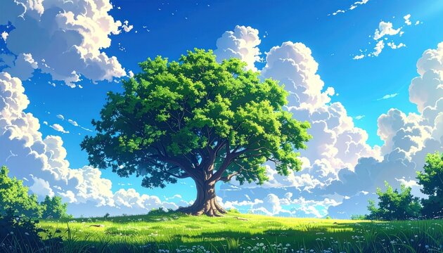An anime-style landscape of a vibrant, verdant tree under a bright blue sky filled with puffy clouds
