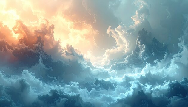 Dramatic cloudy sky with ethereal lighting, blending blues, oranges, and whites