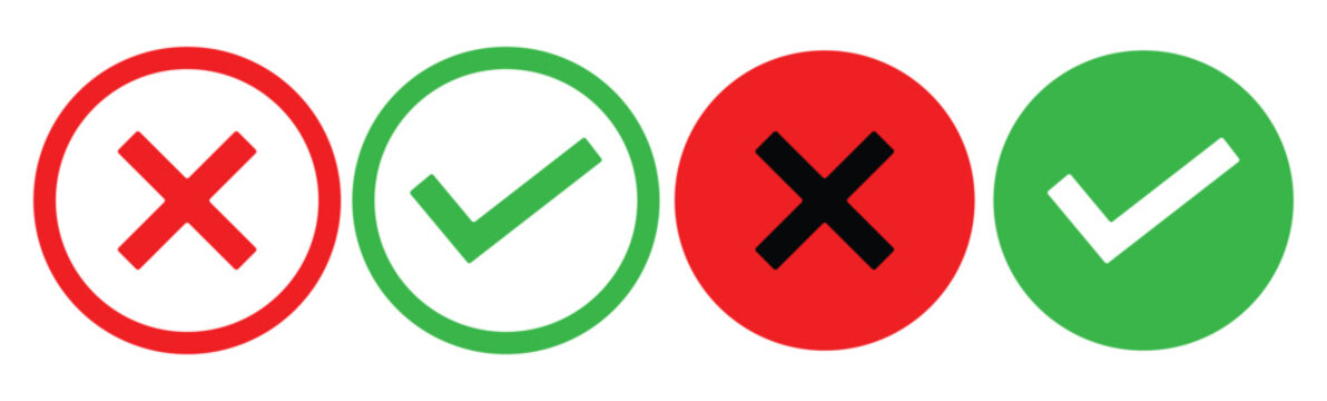 Set of check mark and cross icons. green check mark and red x symbol.