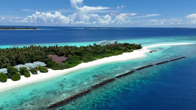 Aerial view of tropical island sandbar resort