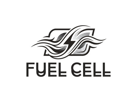 Minimalist Vector Logo Concept Featuring Stylized Flowing Energy Waves and Electrical Bolt Symbol for Sustainable Clean Power and Modern Fuel Cell Technology Systems