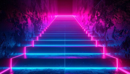 Naklejka premium Abstract infinite neon staircase with glowing gradient light in futuristic underground tunnel, vibrant pink and blue illumination, 3D perspective c...