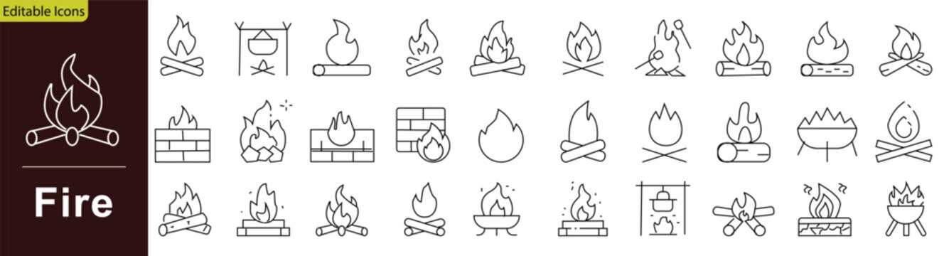 Fire icon set. Containing hot flame, campfire wood, burning spark, heat warning sign, hazard danger, and combustion element. Editable stroke. Vector illustration