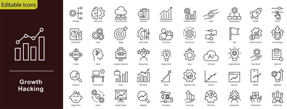 Growth Hacking icon set Containing viral marketing startup optimization traffic conversion business analytics dashboard strategy optimization and modern scalability Editable stroke Vector illustration