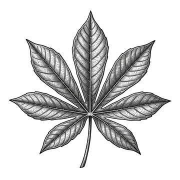 Intricate Black and White Cannabis Leaf Illustration with Seven Serrated Leaflets.