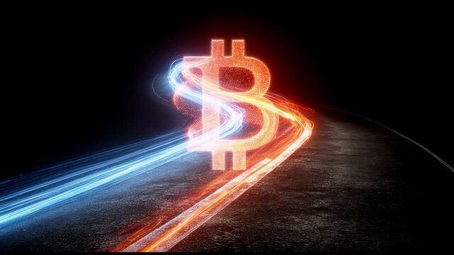 Crypto Yield Roadmap seamless loop with glowing Bitcoin energy transformation and dual capital flow animation for corporate fintech presentation background.