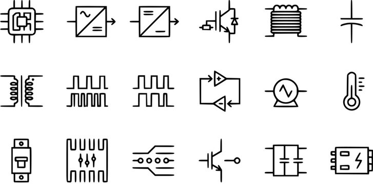 Electronics and Electrical Engineering Line Art Icons. Digital Circuit Symbols, Power Components, and Technology Devices Outline Collection.