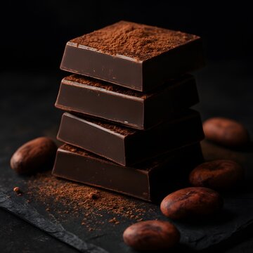 Stacked dark chocolate pieces with cocoa powder and cacao beans