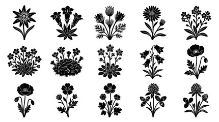 Fototapeta premium Black and White Silhouette Botanical Wildflowers and Herbs Icons Collection - Nature Flora Vector Art