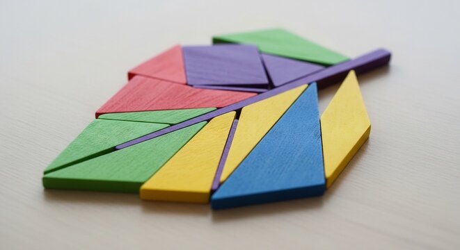 Colorful Geometric Shapes Arranged in a Creative Feather-Like Composition on a Surface.