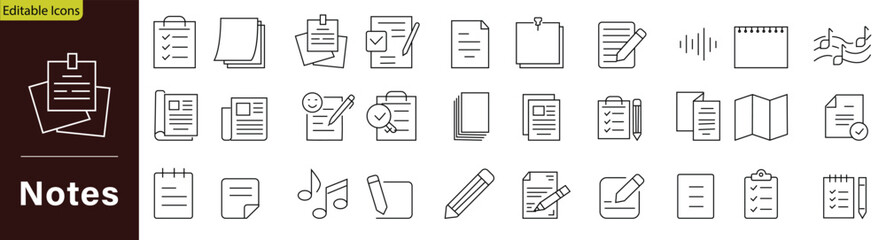 Notes icon set containing written reminder note task checklist management standard paper document important business memo contract signature confirmation and text planning message © Usama