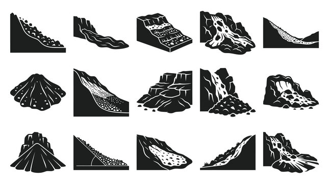 Black and White Icons of Landslides and Rockfalls, Geological Hazards