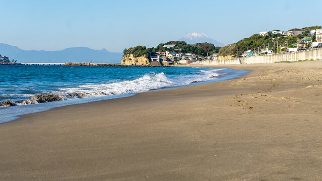 Beautiful landscape of Kamakura beach with Mount Fuji in the background. Kamakura is a city near Tokyo, located in Kanagawa Prefecture, Japan.