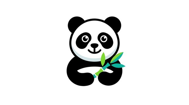 Cute panda bear holding a green bamboo branch flat vector illustration isolated on a white background