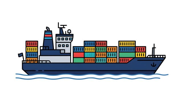 Side view flat vector illustration of a container cargo ship isolated on a white background