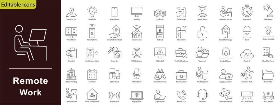 Remote Work icon set containing flexible workspace home digital office setup freelancer laptop computer distance team collaboration virtual employee meeting and cloud communication workflow