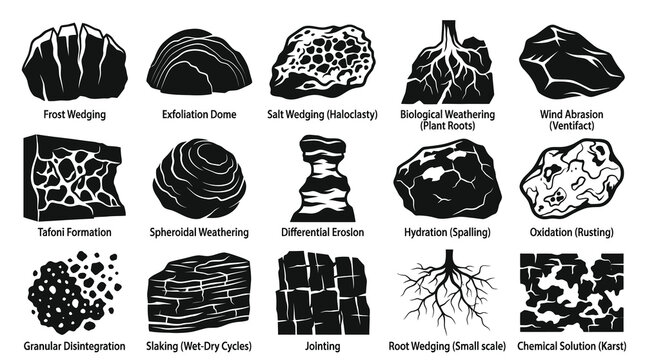Geology Weathering and Erosion Processes Icons: Earth Science Black  White Glyphs Collection
