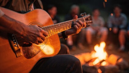 Fototapeta premium Closeup of a person strumming a guitar by the fire the campfire and seated audience gently blurred evoking an intimate musical night.