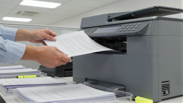 Office worker hands paper to printer, ready for copying or printing task.