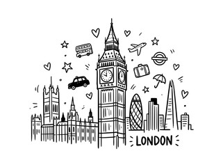 Obraz premium Iconic London Landmarks Doodle Art Style.