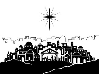 Obraz premium Nativity Scene Silhouette with Star of Bethlehem.
