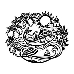 Obraz premium Stylized Italian Coastal Scene with Fish and Lemons.