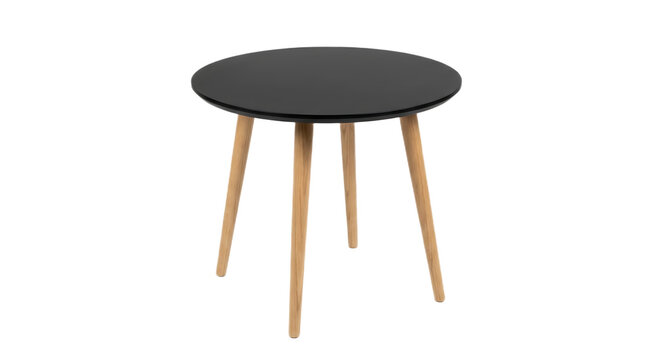 Minimalist round black side table with tapered wooden legs on a white background