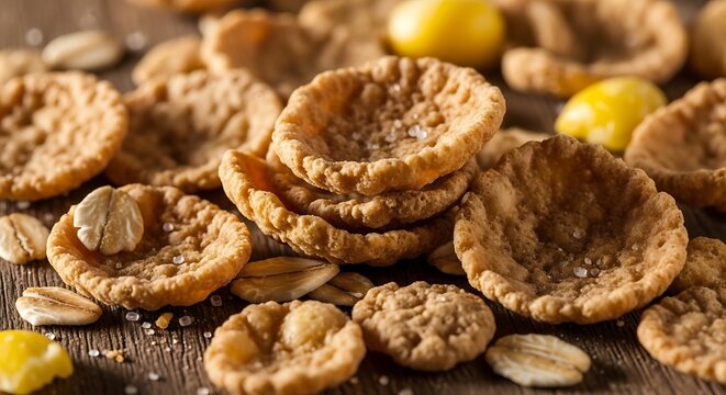 Fresh baked oat biscuits with nut pieces on rustic wooden background, breakfast