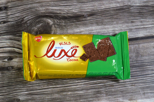 Cairo, Egypt, June 16 2026: A Bisco Misr Luxe Cocoa Biscuits, a popular Egyptian tea biscuit known for its rich cocoa flavor