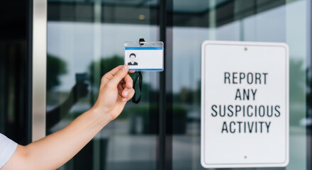 Obraz premium Identification card security badge hand holding report sign suspicious activity glass door cybersecurity awareness office entrance security concept