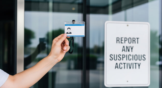 Identification card security badge hand holding report sign suspicious activity glass door cybersecurity awareness office entrance security concept