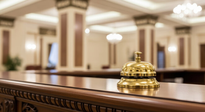Golden service bell on polished wooden counter highlights hospitality despite staffing shortages in this elegant hotel lobby with warm lighting