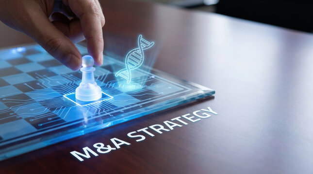 Biotech mergers acquisitions strategy concept with chess pawn and DNA hologram digital board symbolizing business growth and innovation technology