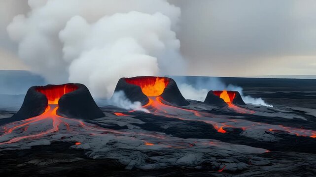 Volcanic eruption with molten lava flowing over dark rocks volcano magma fire smoke geology