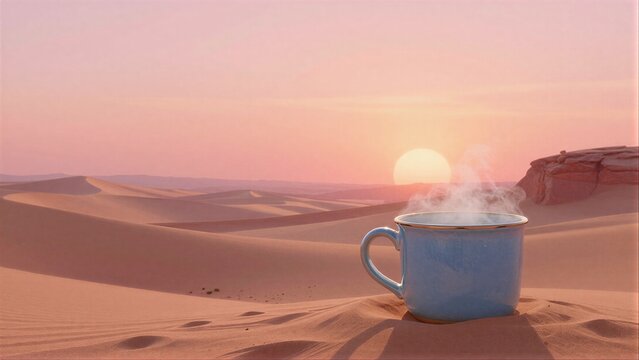 Desert sunset, steaming cup on sand dunes, warm hues, solitude.