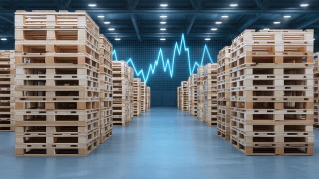 Large modern warehouse interior with stacks of wooden pallet wood boards in organized rows under bright ceiling lights and glowing graphical chart on wall