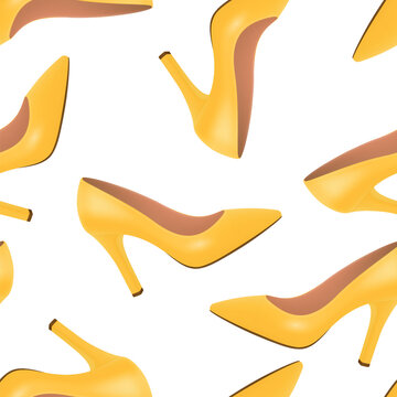 Yellow High Heel Shoes Seamless Pattern Vector Illustration. Yellow Stiletto Pumps Pattern. High Heels Fashion Background. Womens Shoes Repeat Print on White Background