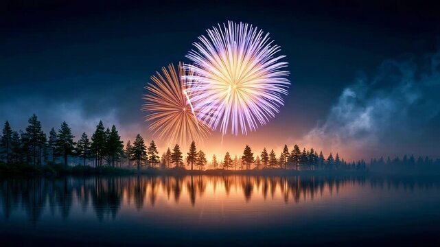 Fireworks Bursting Over Still Lake Mirror Reflection