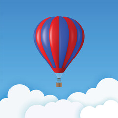 Obraz premium Vector Travel Banner with 3d Realistic Blue and Red Hot Air Balloon Icon on a Blue Sky Background. Design Template, Summer Vacation, Travelling, Tourism and Journey Concept