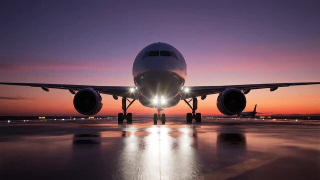 Airplane with bright lights taxiing on runway at sunset airport jet twilight evening aviation
