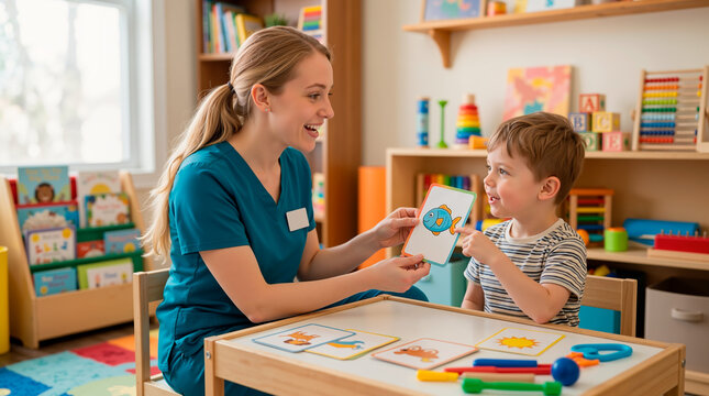 Speech therapist teaching new words to a young boy. Child development session with flashcards in a classroom