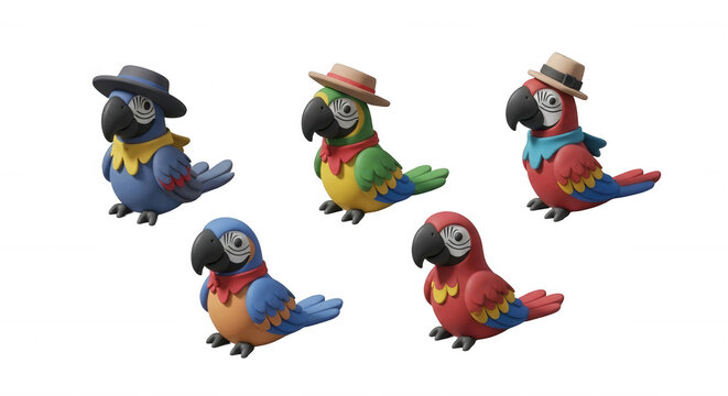 five colorful cartoon parrots wearing hats and scarves sitting against a white background childrens books or illustrations