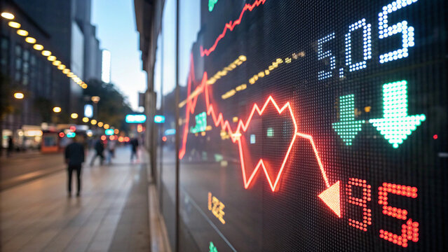 Declining stock market with glowing red arrows and graphs on digital display in urban setting