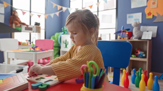 Girl placing wooden puzzle pieces with hands at preschool classroom table; focused learning early development.
