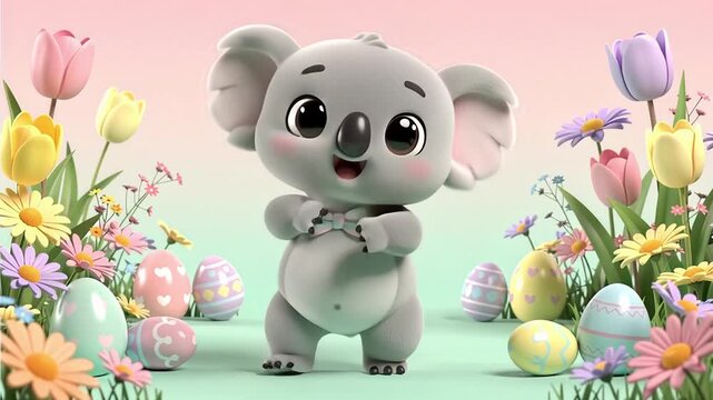Cute Animated Koala Character Dancing in Easter Spring Meadow with Flowers and Eggs.